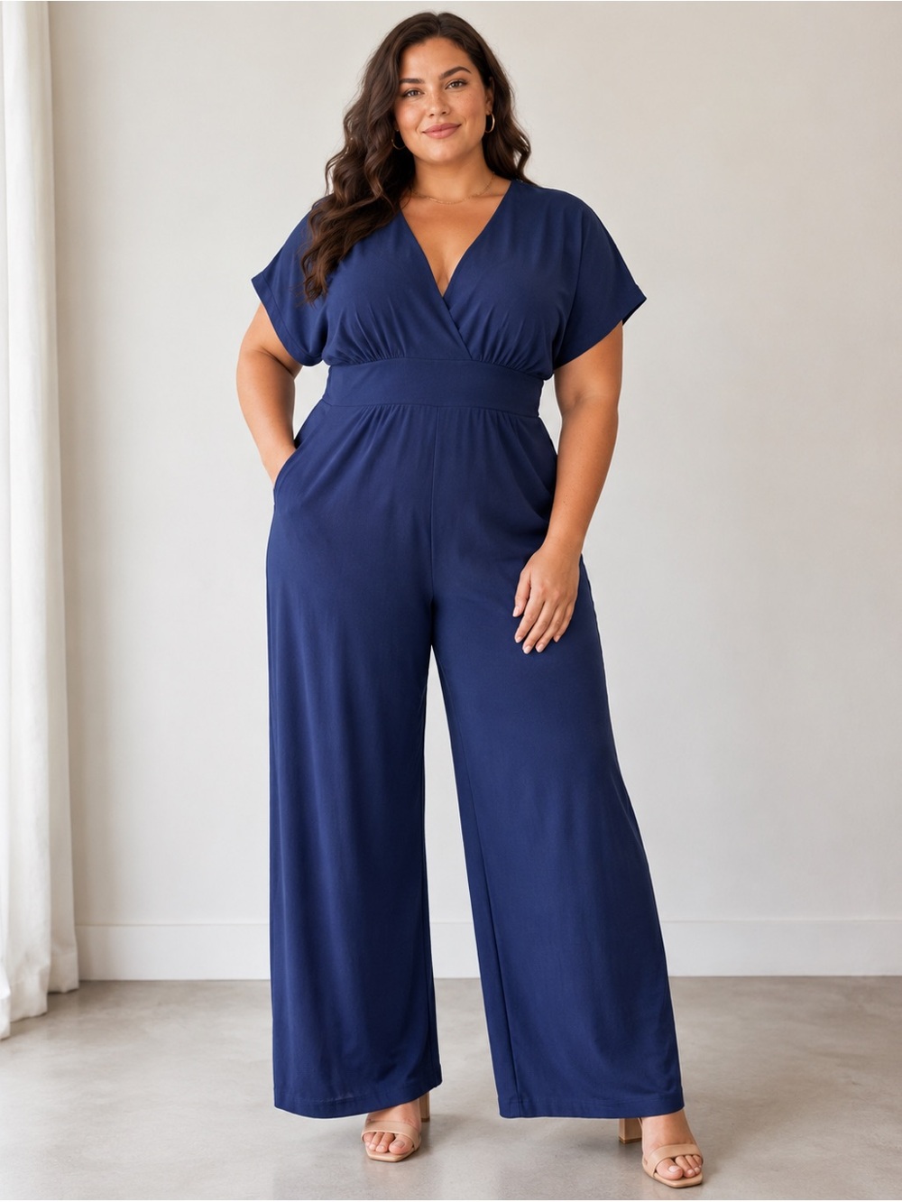 NWT Cider Navy Linen Blend Wide Leg Jumpsuit XL V Neck